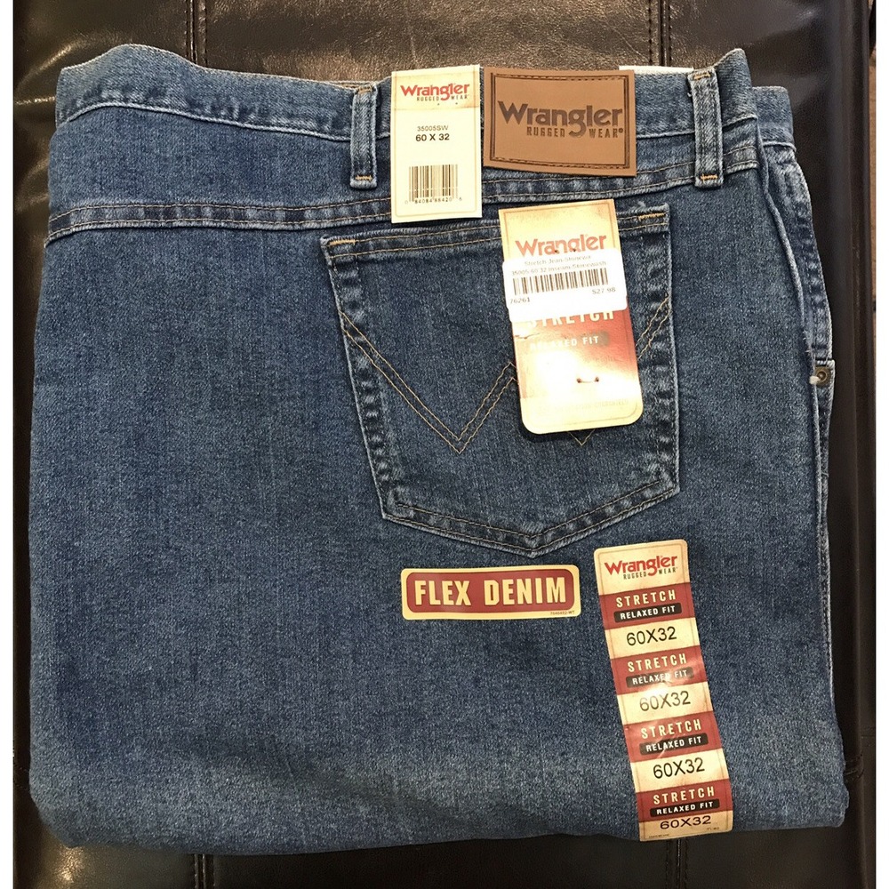 WRANGLER Rugged Wear Mens Denim Jeans Stretch Relaxed Flex Sz 60 X 32 35005SW